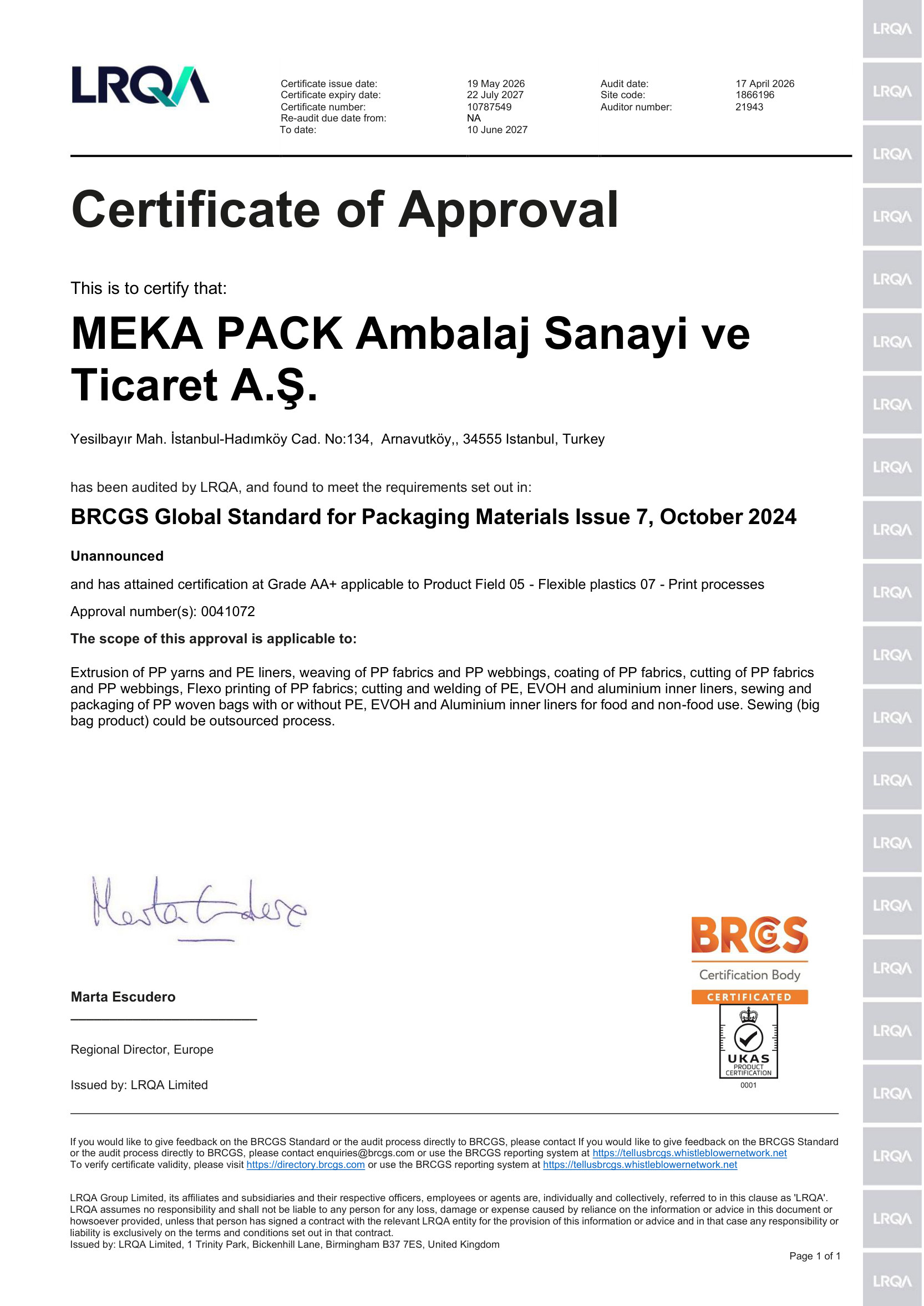 MEKA PACK BRCGS Packaging Materials Grade AA+ Sertifikası